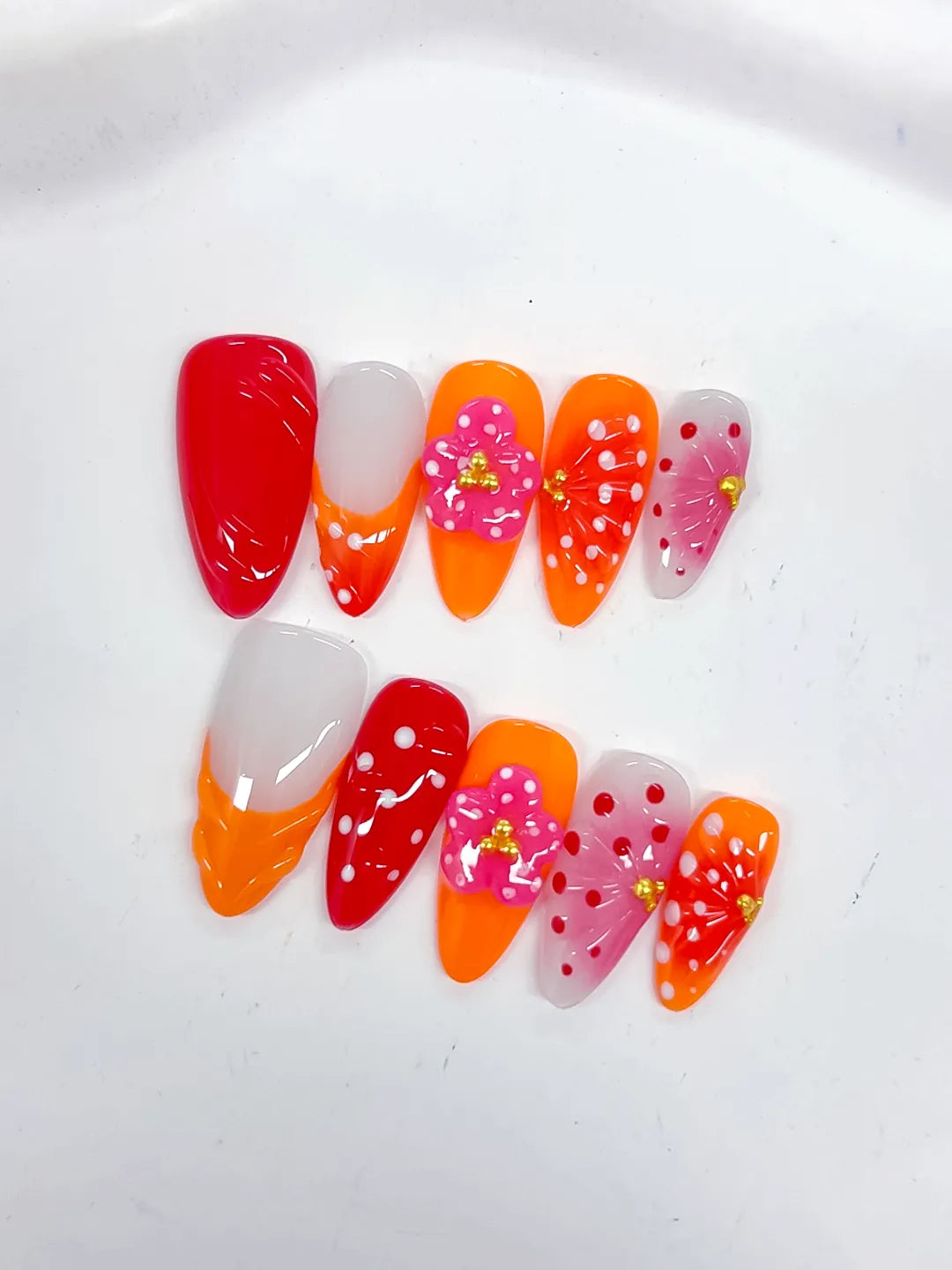 Red Orange White Pink Abstract Flower Dot Pattern Stud press on nails detail view