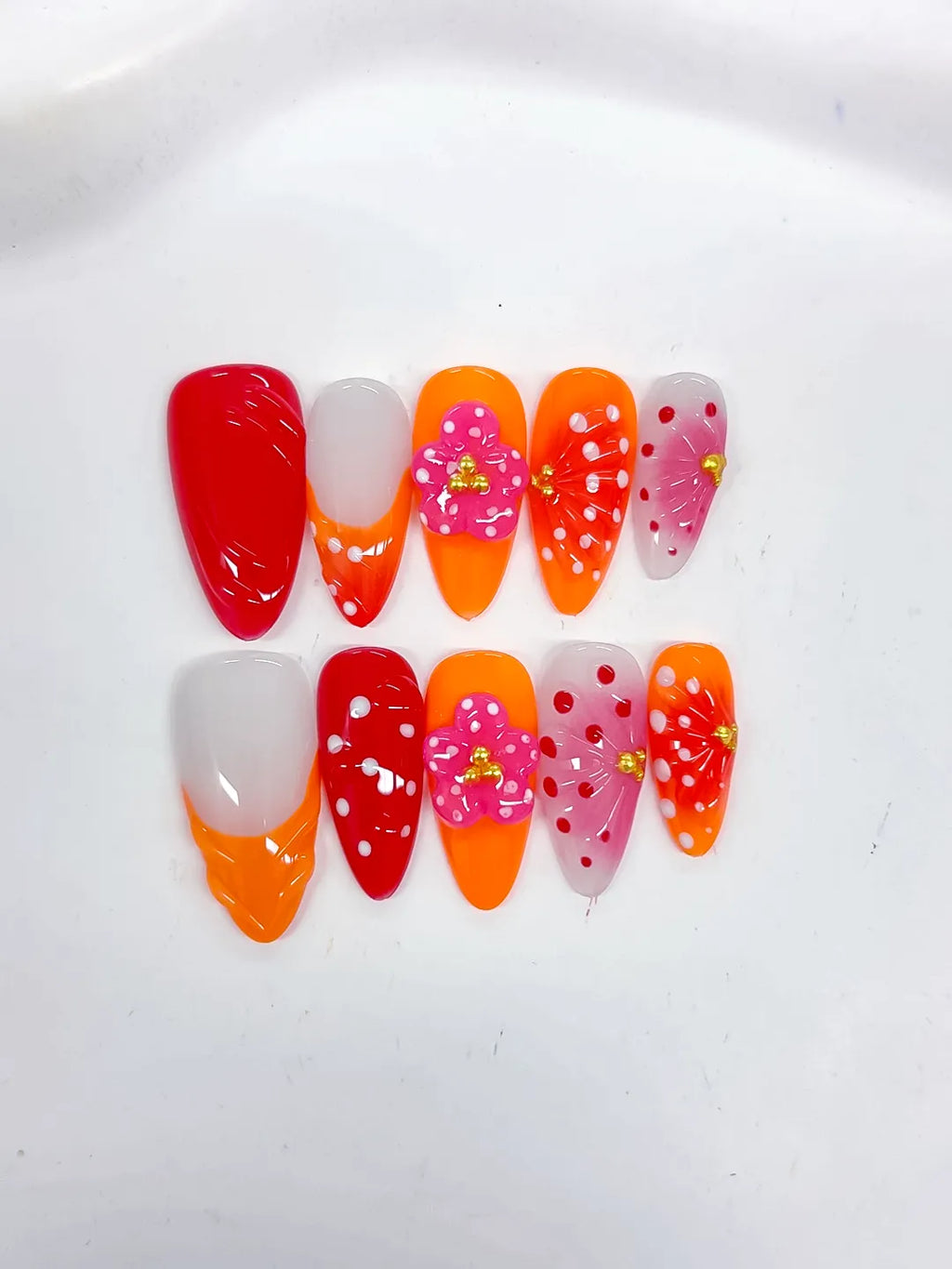 Red Orange White Pink Abstract Flower Dot Pattern Stud press on nails detail view