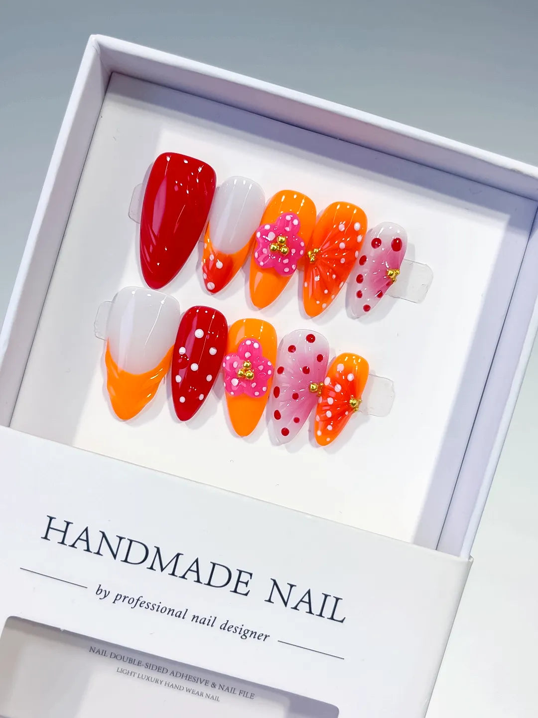 Red Orange White Pink Abstract Flower Dot Pattern Stud press on nails