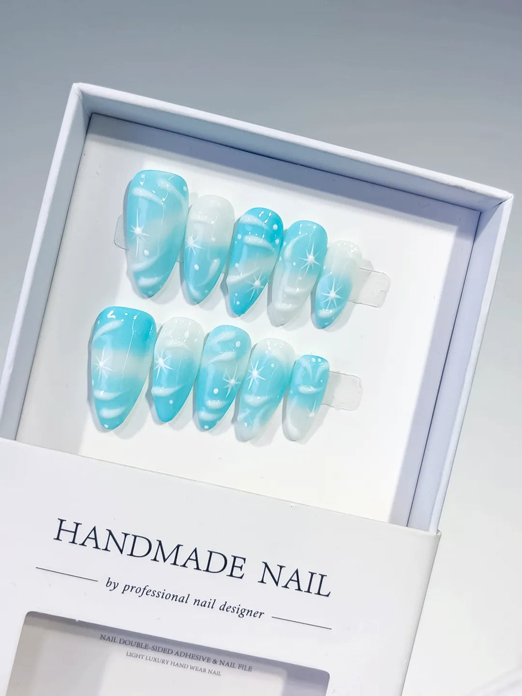 Blue White Metallic Star press on nails