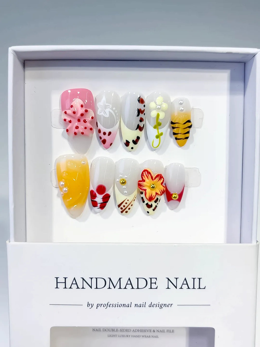 Pink Yellow White Red Black Abstract Flower Bee Fruit press on nails full set view