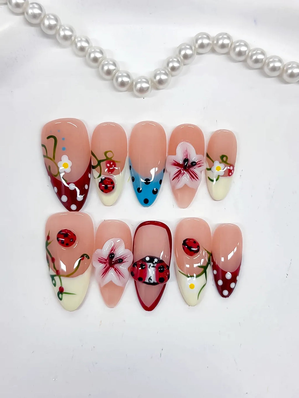Nude Red White Blue Abstract Flower Ladybug Strawberry press on nails close up