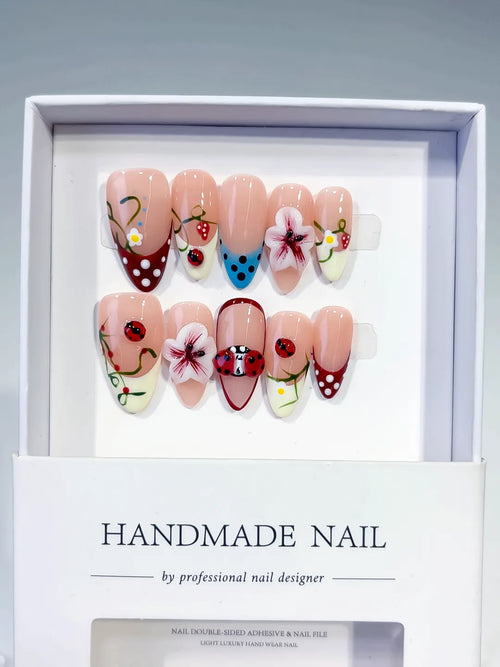 Nude Red White Blue Abstract Flower Ladybug Strawberry press on nails full set view