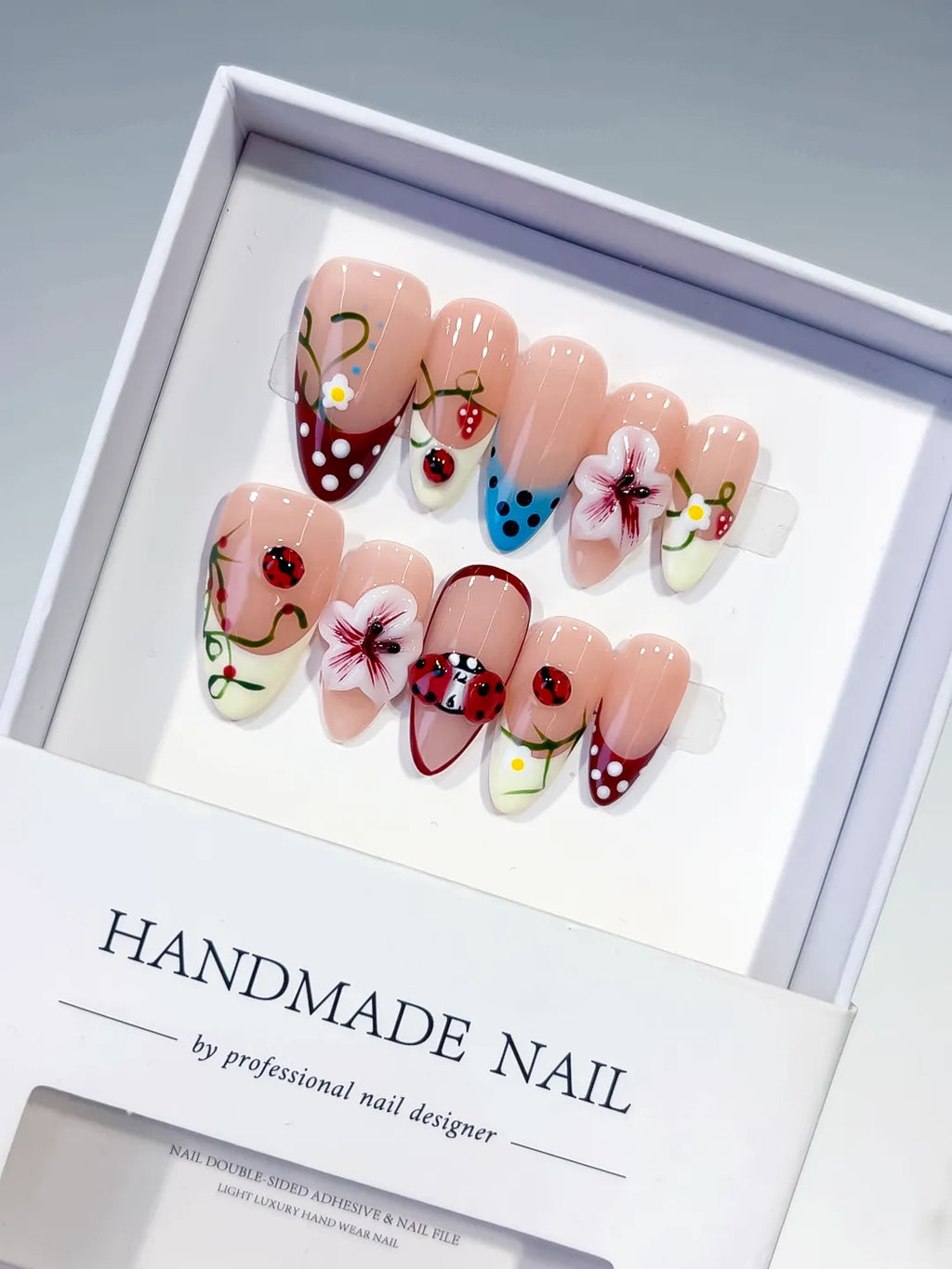 Nude Red White Blue Abstract Flower Ladybug Strawberry press on nails