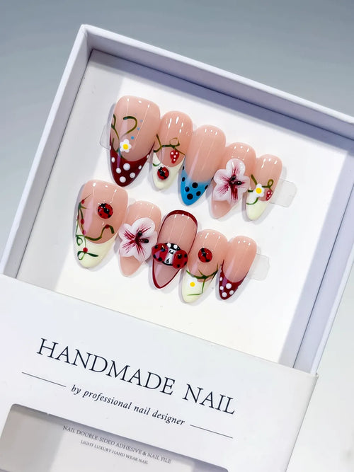 Nude Red White Blue Abstract Flower Ladybug Strawberry press on nails