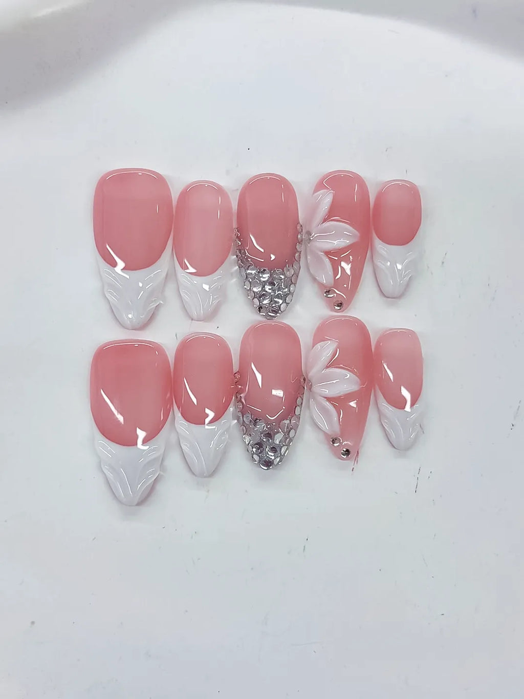 Pink White Silver French tip Flower Rhinestone press on nails detail view