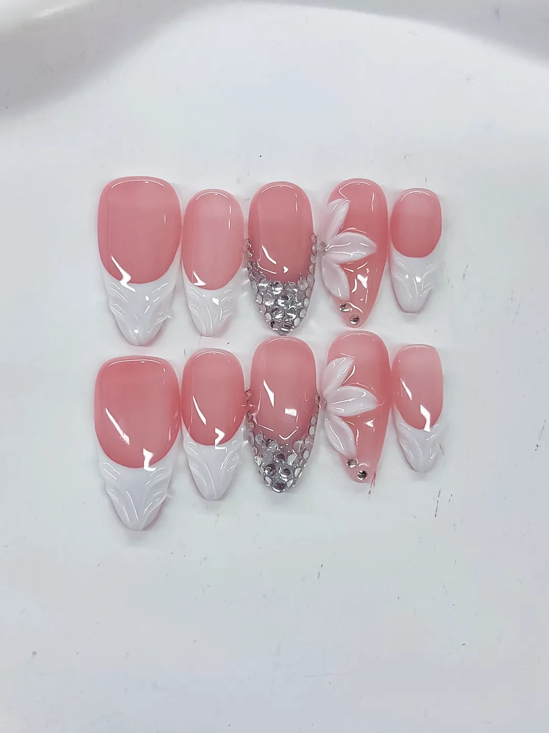 Pink White Silver French tip Flower Rhinestone press on nails detail view