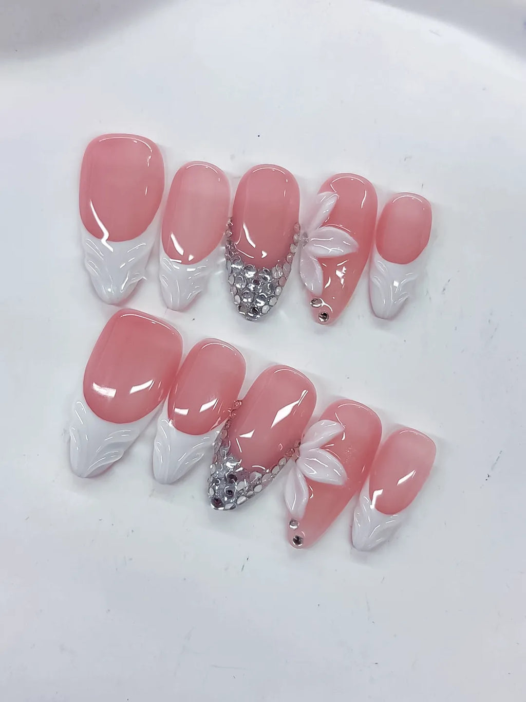 Pink White Silver French tip Flower Rhinestone press on nails detail view