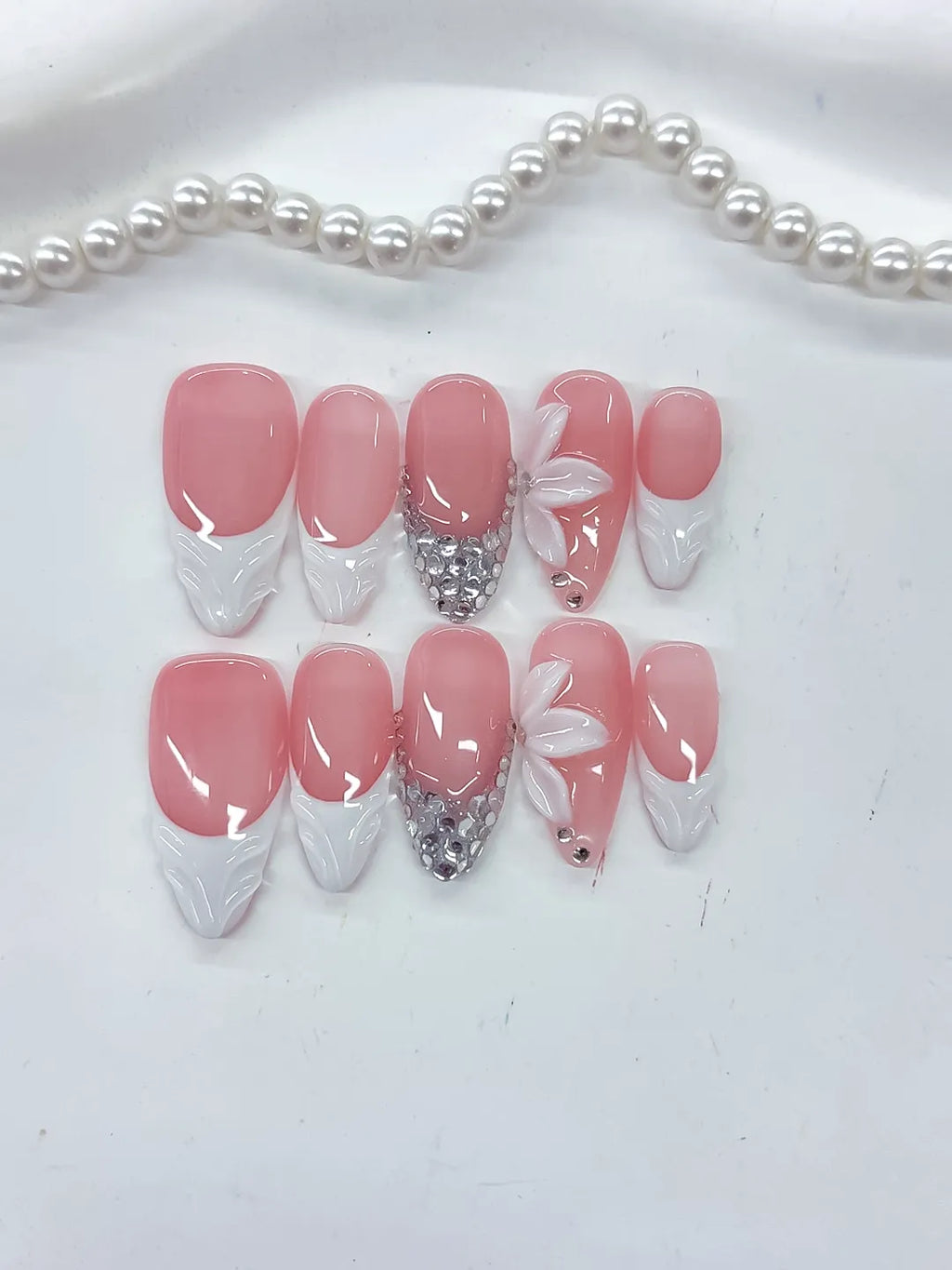 Pink White Silver French tip Flower Rhinestone press on nails close up