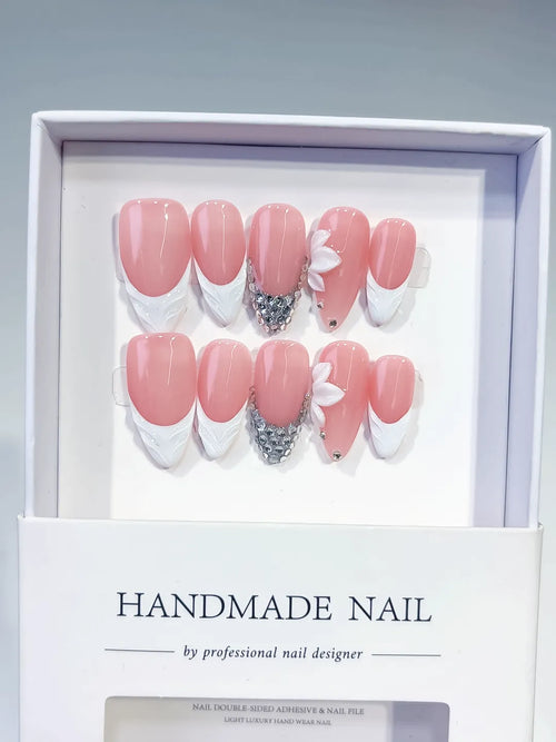 Pink White Silver French tip Flower Rhinestone press on nails full set view