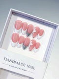 Pink White Silver French tip Flower Rhinestone press on nails