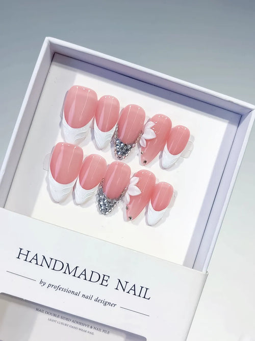 Pink White Silver French tip Flower Rhinestone press on nails
