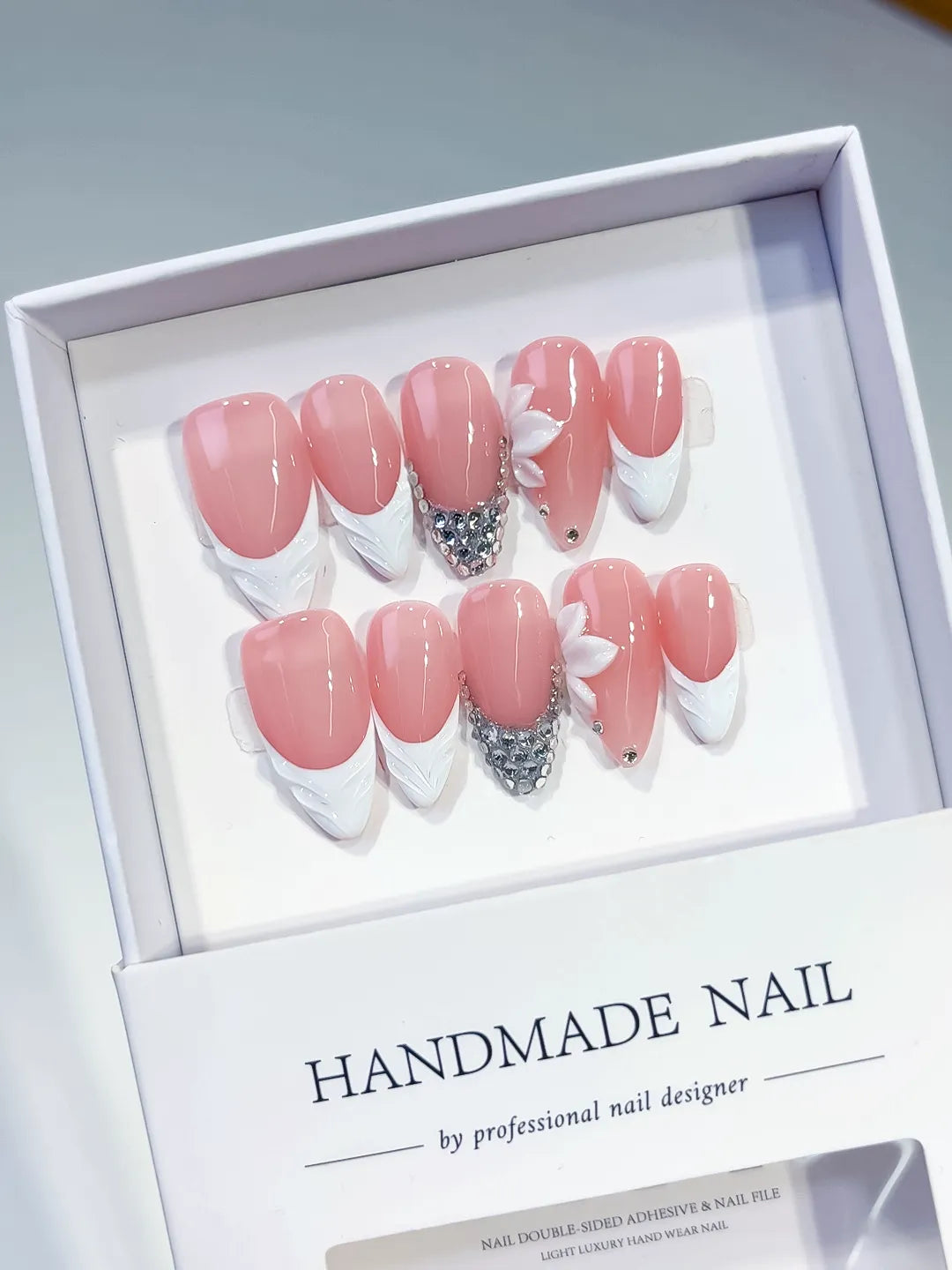 Pink White Silver French tip Flower Rhinestone press on nails angled view