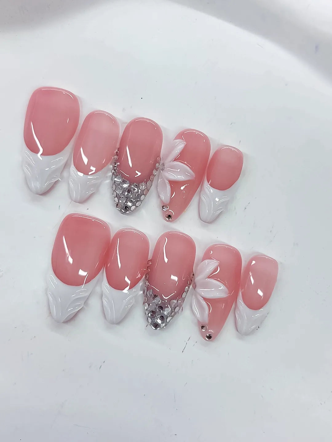 Pink White Silver French tip Flower Rhinestone press on nails detail view