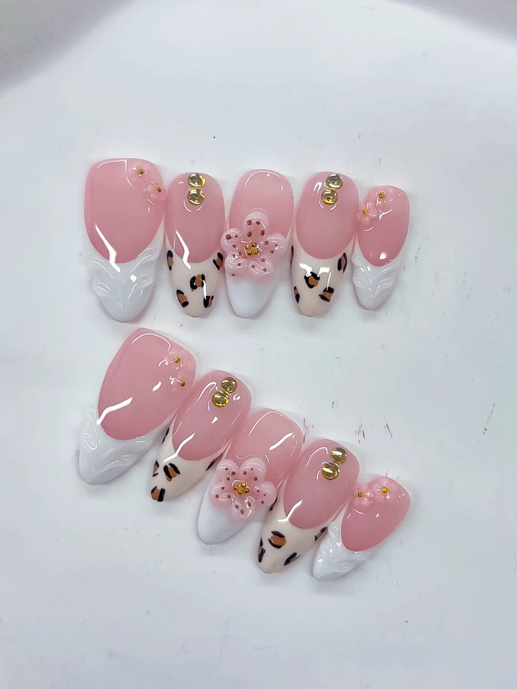 Pink White Brown Gold French tip Flower Animal Print Stud press on nails detail view