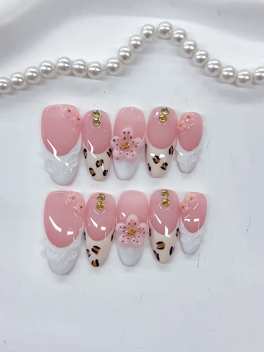 Pink White Brown Gold French tip Flower Animal Print Stud press on nails detail view
