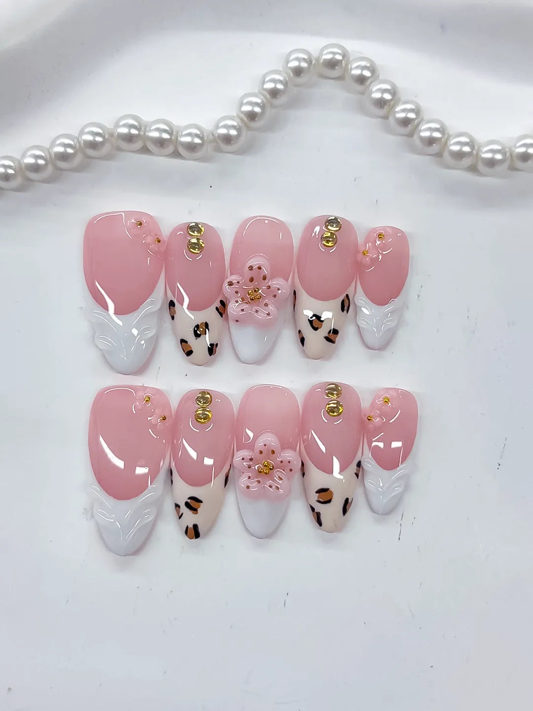 Pink White Brown Gold French tip Flower Animal Print Stud press on nails detail view