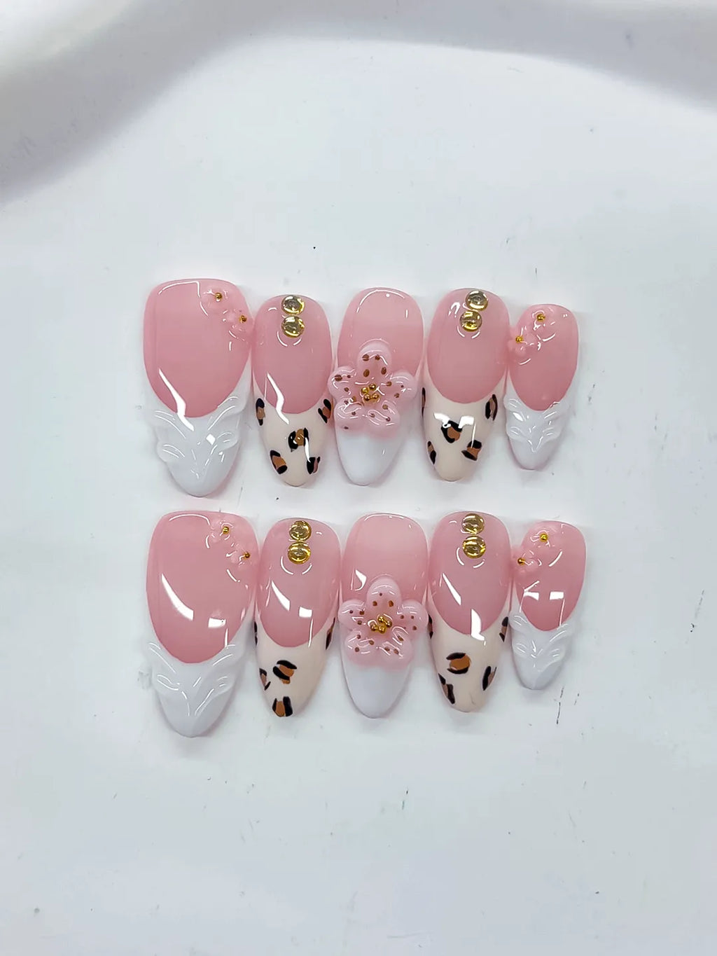 Pink White Brown Gold French tip Flower Animal Print Stud press on nails detail view