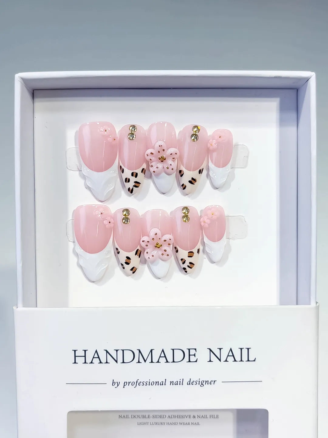 Pink White Brown Gold French tip Flower Animal Print Stud press on nails full set view