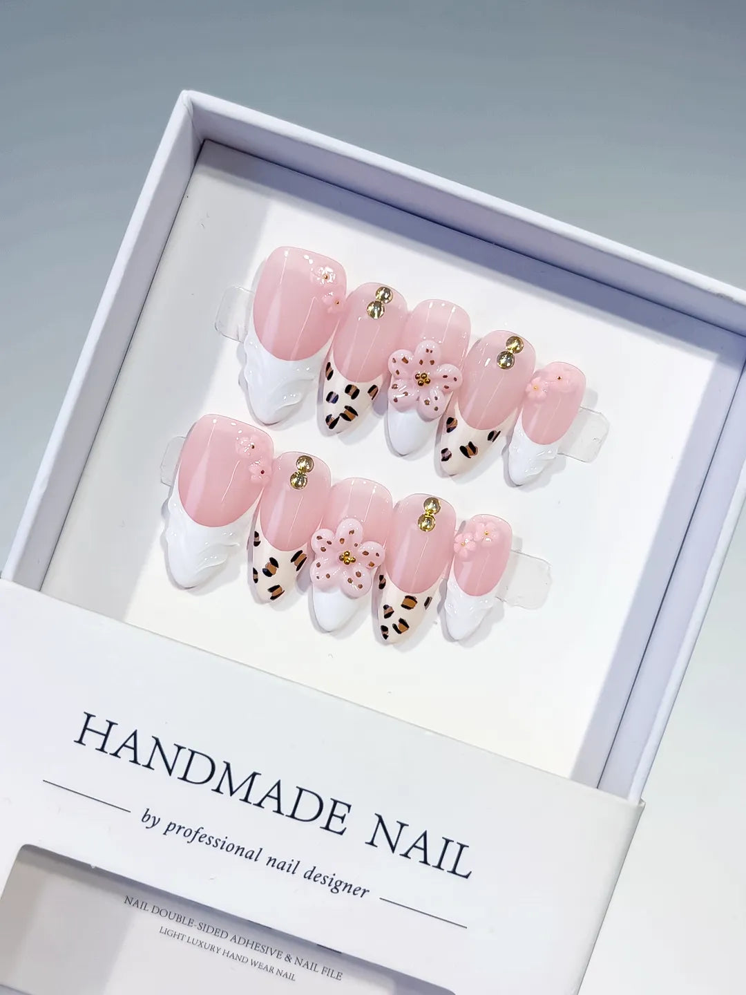 Pink White Brown Gold French tip Flower Animal Print Stud press on nails
