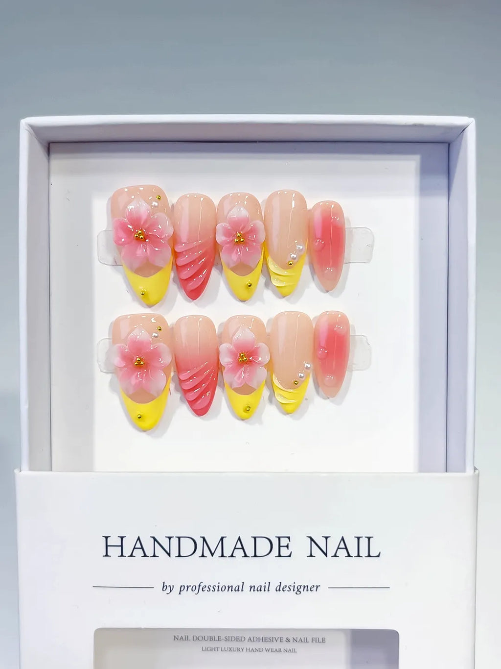 Nude Yellow Pink French tip Flower Shell press on nails full set view