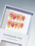 Nude Yellow Pink French tip Flower Shell press on nails