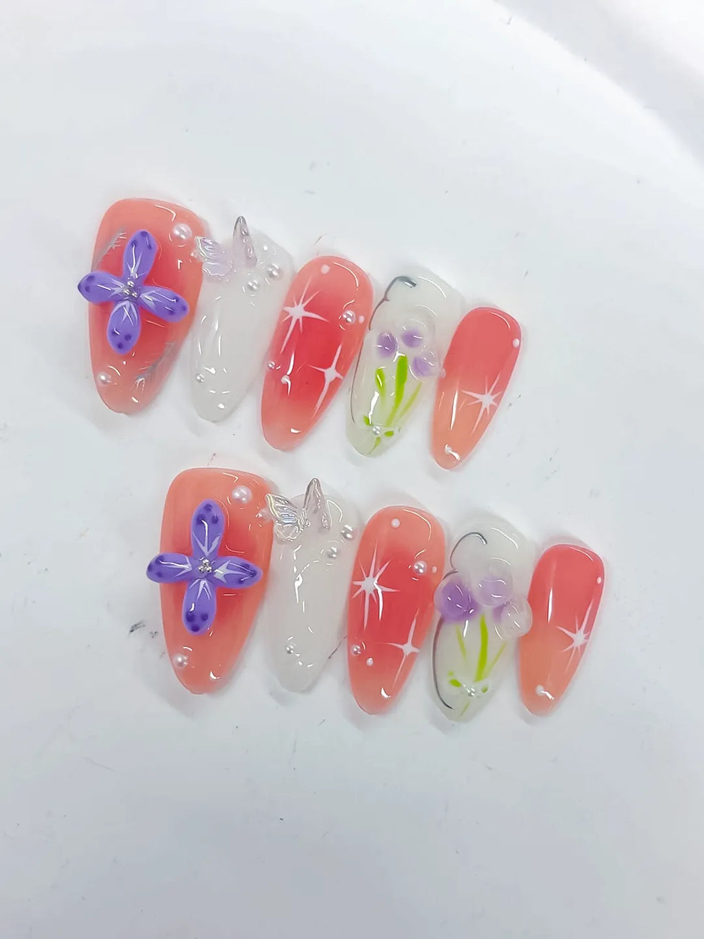 Pink White Purple Green Abstract Flower Butterfly Star press on nails close up