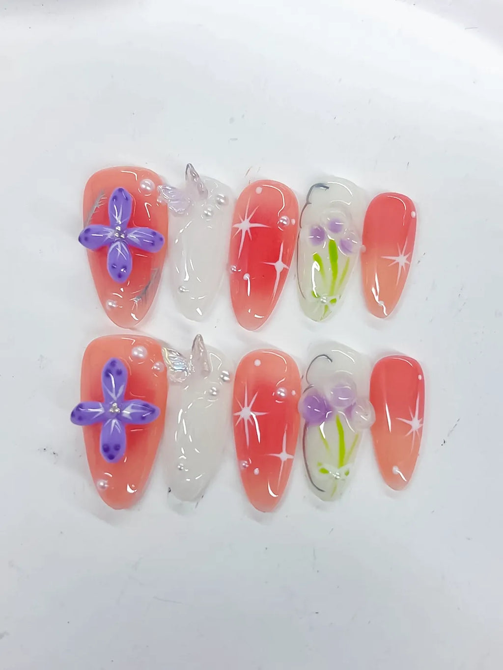 Pink White Purple Green Abstract Flower Butterfly Star press on nails detail view