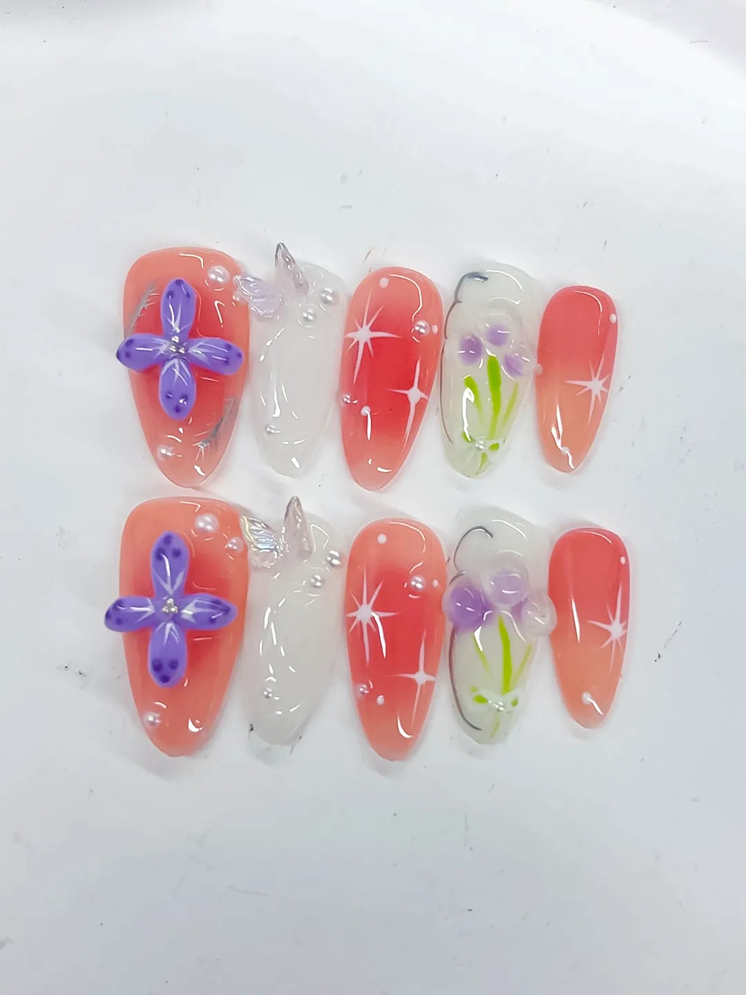 Pink White Purple Green Abstract Flower Butterfly Star press on nails detail view