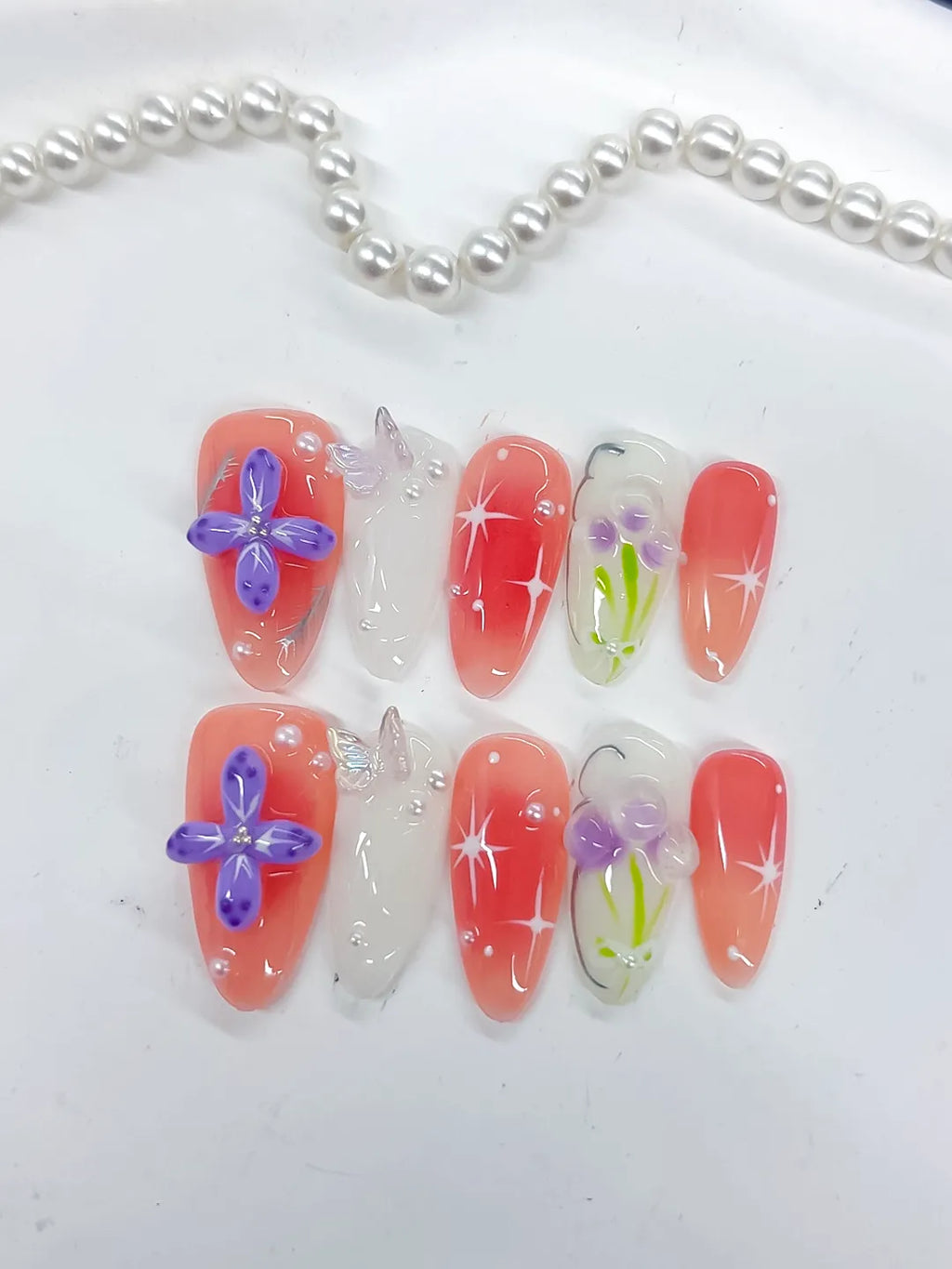 Pink White Purple Green Abstract Flower Butterfly Star press on nails detail view
