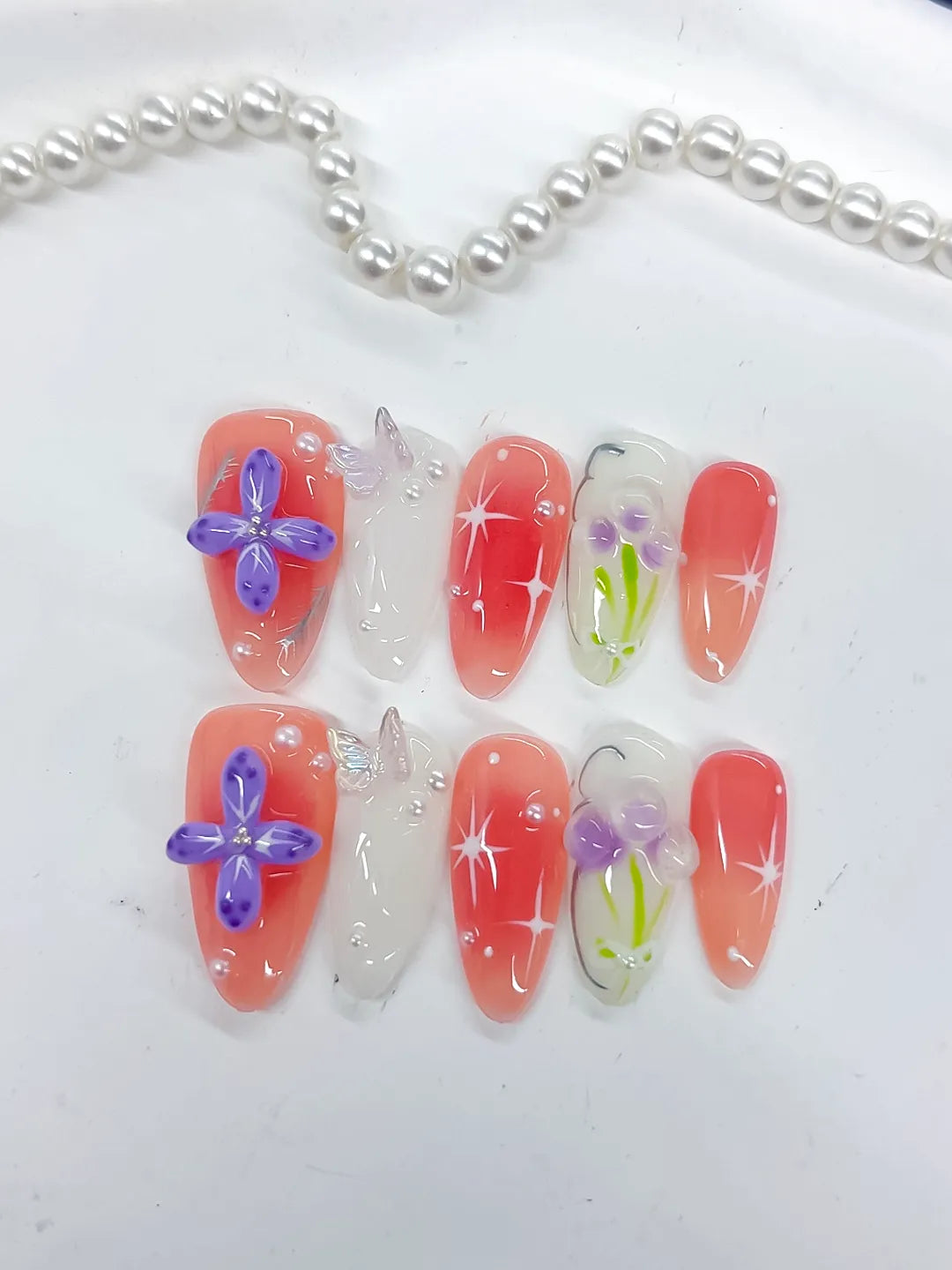Pink White Purple Green Abstract Flower Butterfly Star press on nails detail view