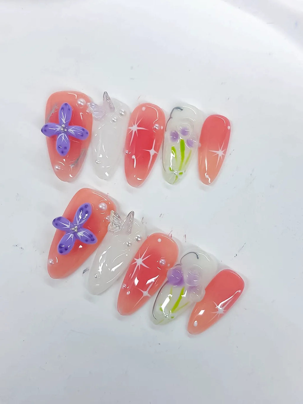 Pink White Purple Green Abstract Flower Butterfly Star press on nails detail view