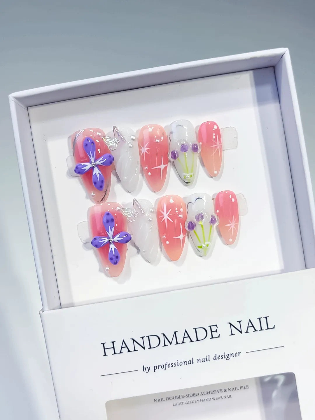 Pink White Purple Green Abstract Flower Butterfly Star press on nails angled view