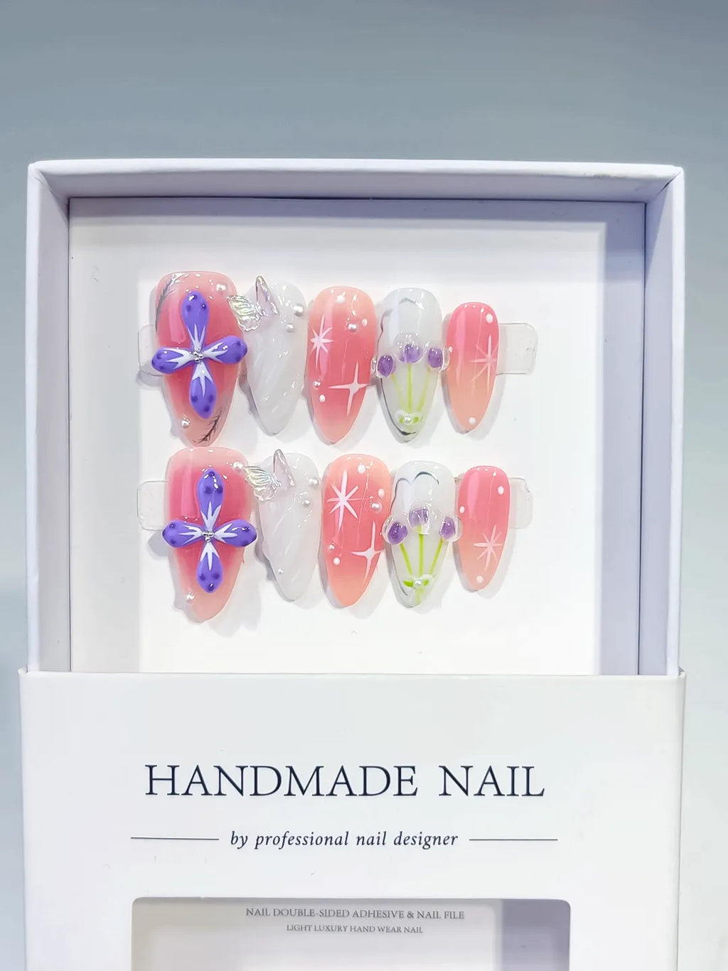Pink White Purple Green Abstract Flower Butterfly Star press on nails full set view