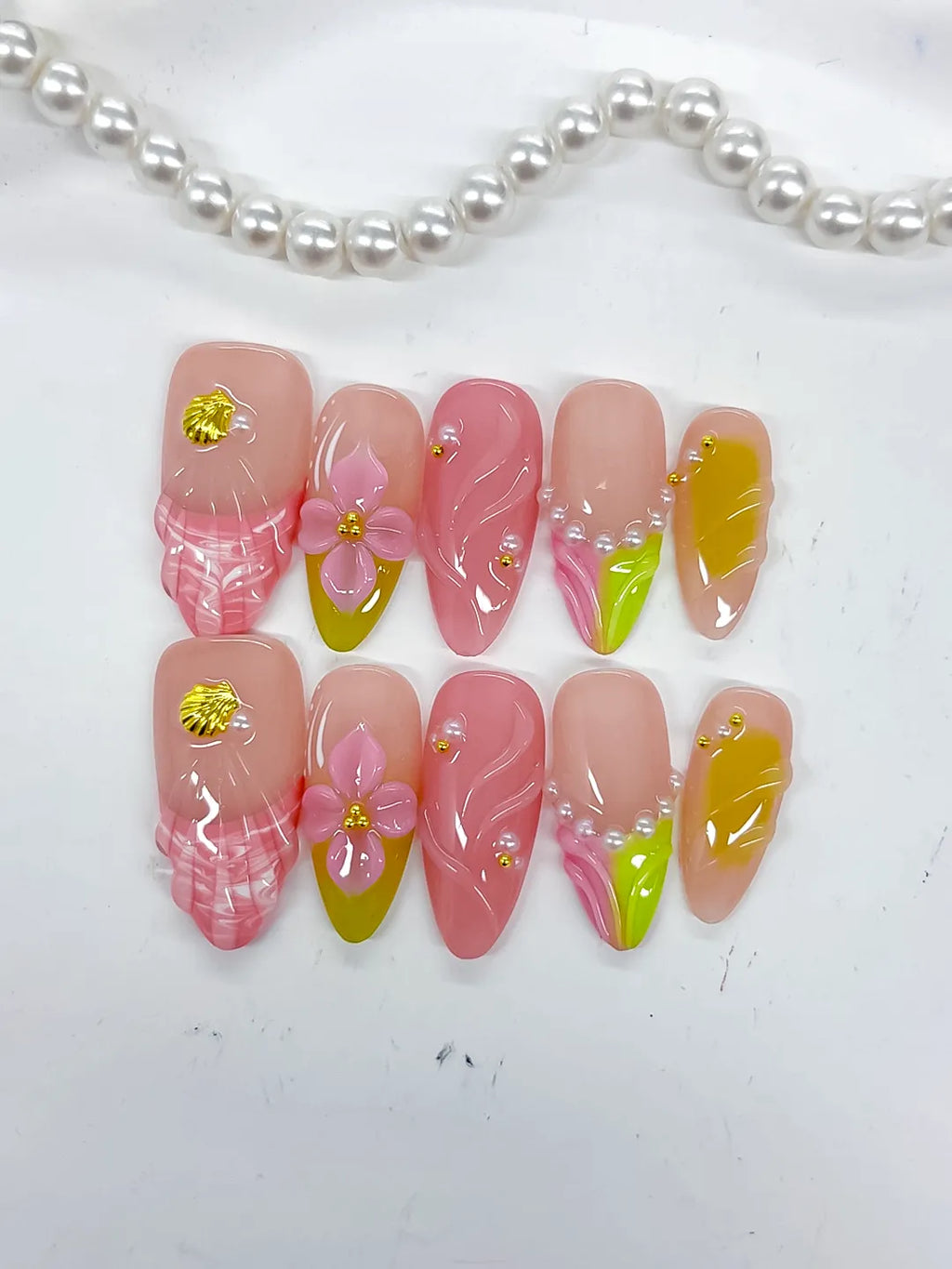 Nude Pink Green Yellow Abstract Flower Shell Pearl press on nails detail view