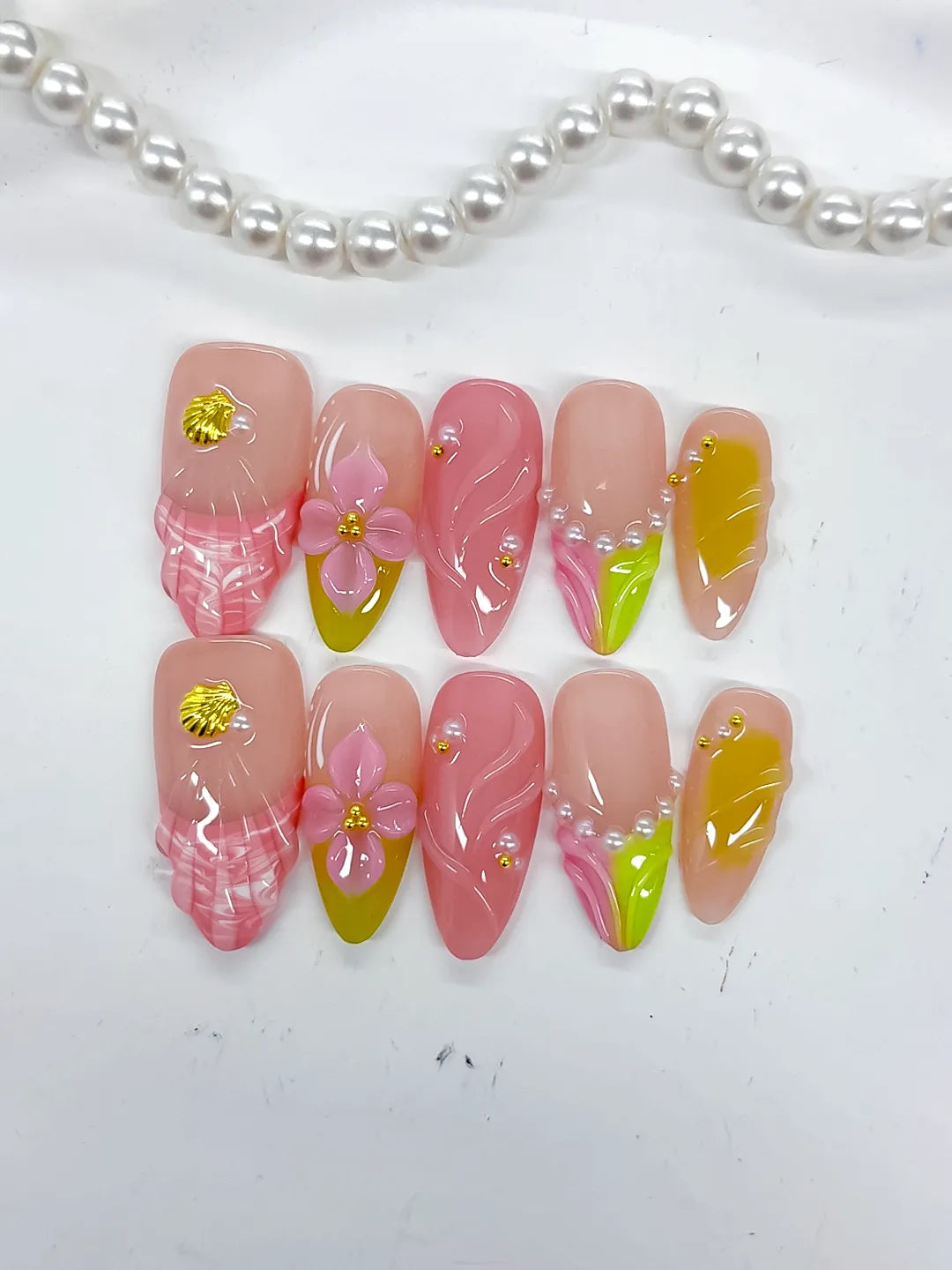 Nude Pink Green Yellow Abstract Flower Shell Pearl press on nails detail view