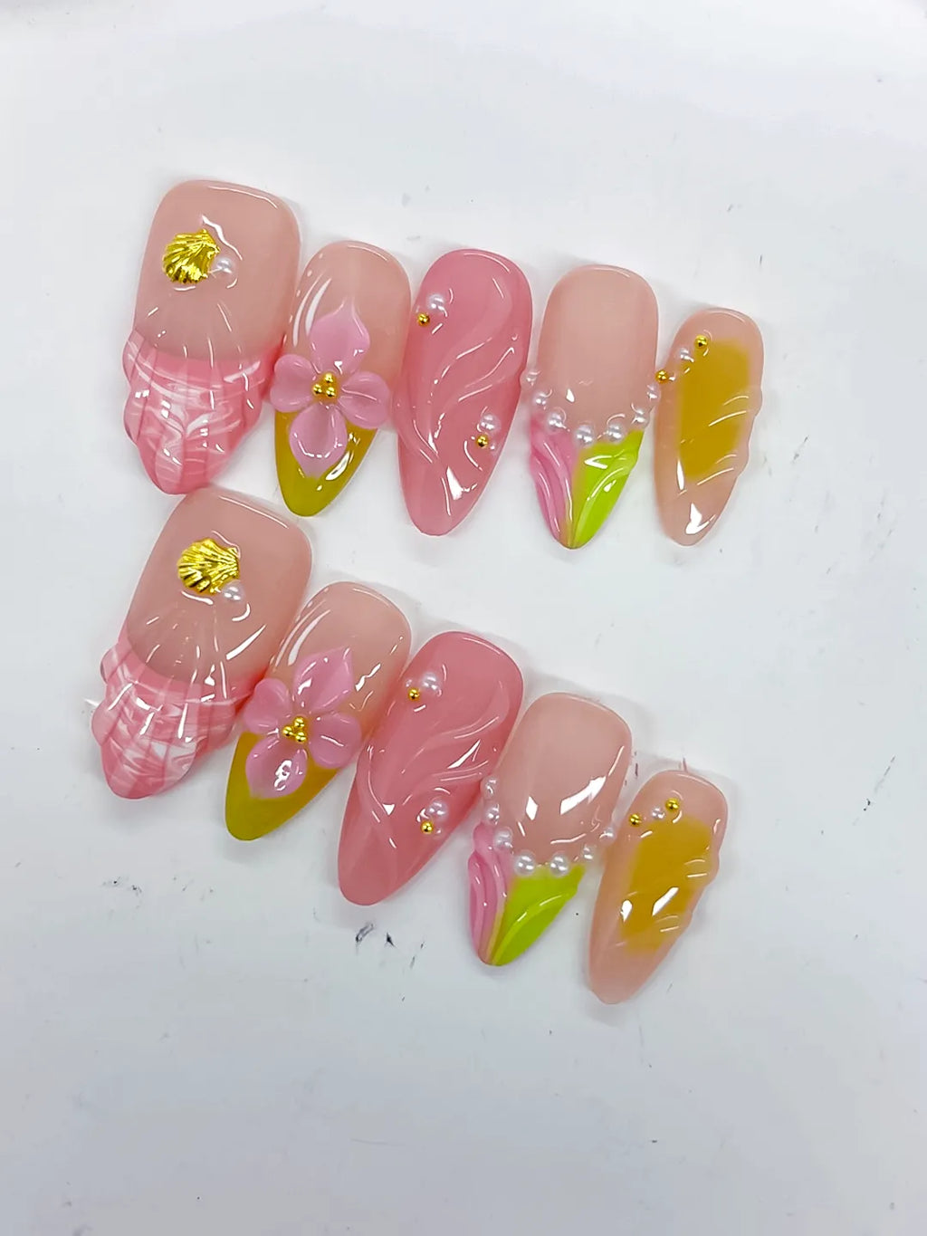 Nude Pink Green Yellow Abstract Flower Shell Pearl press on nails close up