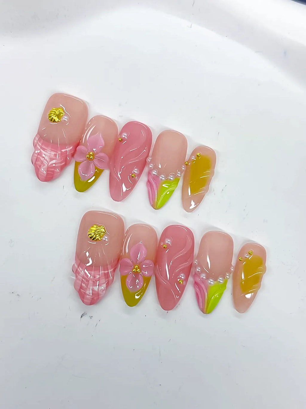 Nude Pink Green Yellow Abstract Flower Shell Pearl press on nails detail view