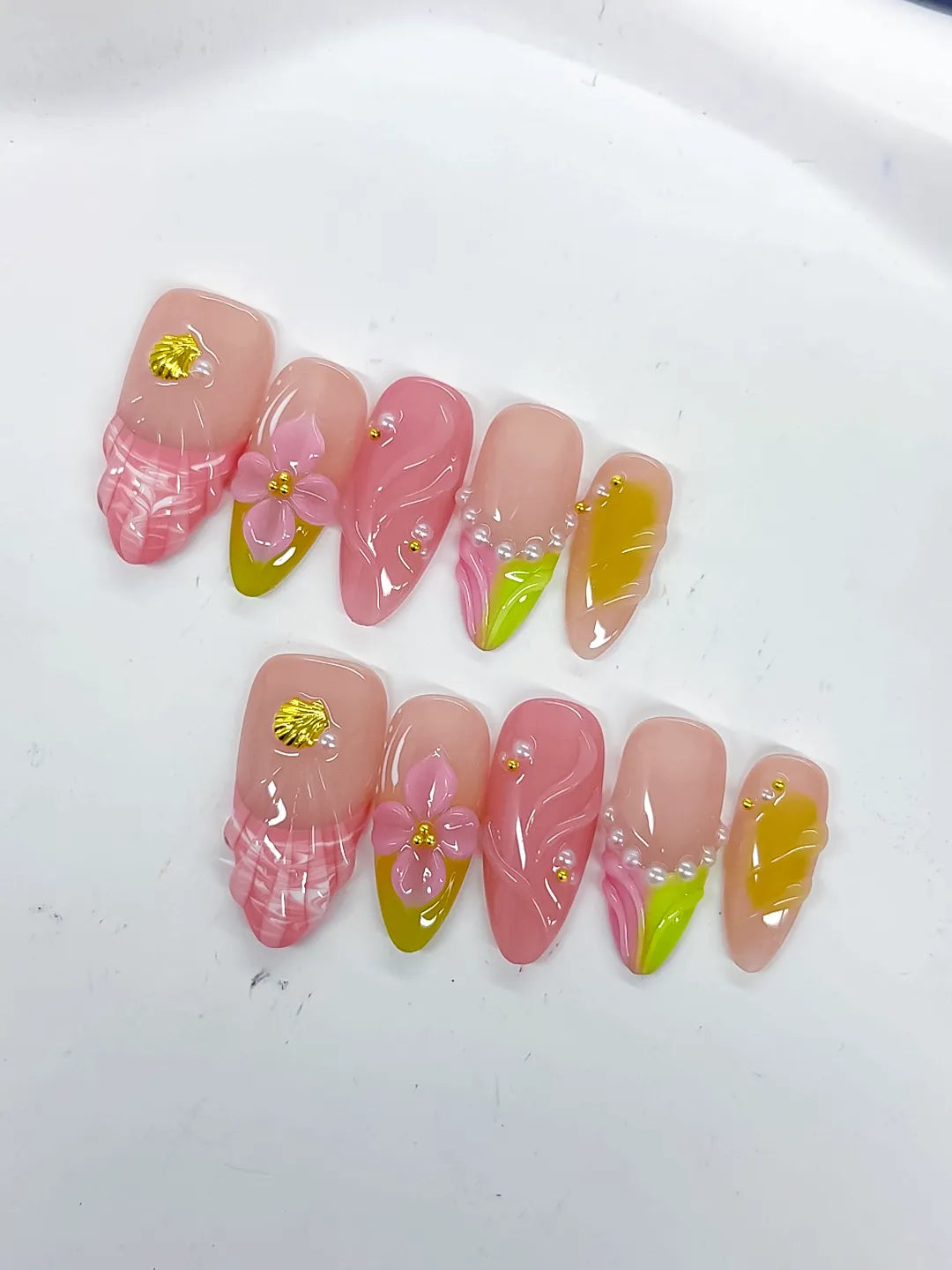 Nude Pink Green Yellow Abstract Flower Shell Pearl press on nails detail view