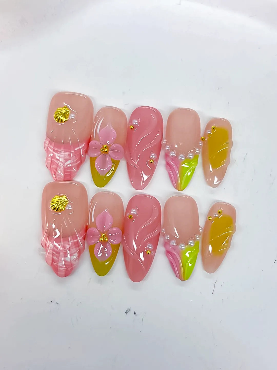 Nude Pink Green Yellow Abstract Flower Shell Pearl press on nails detail view