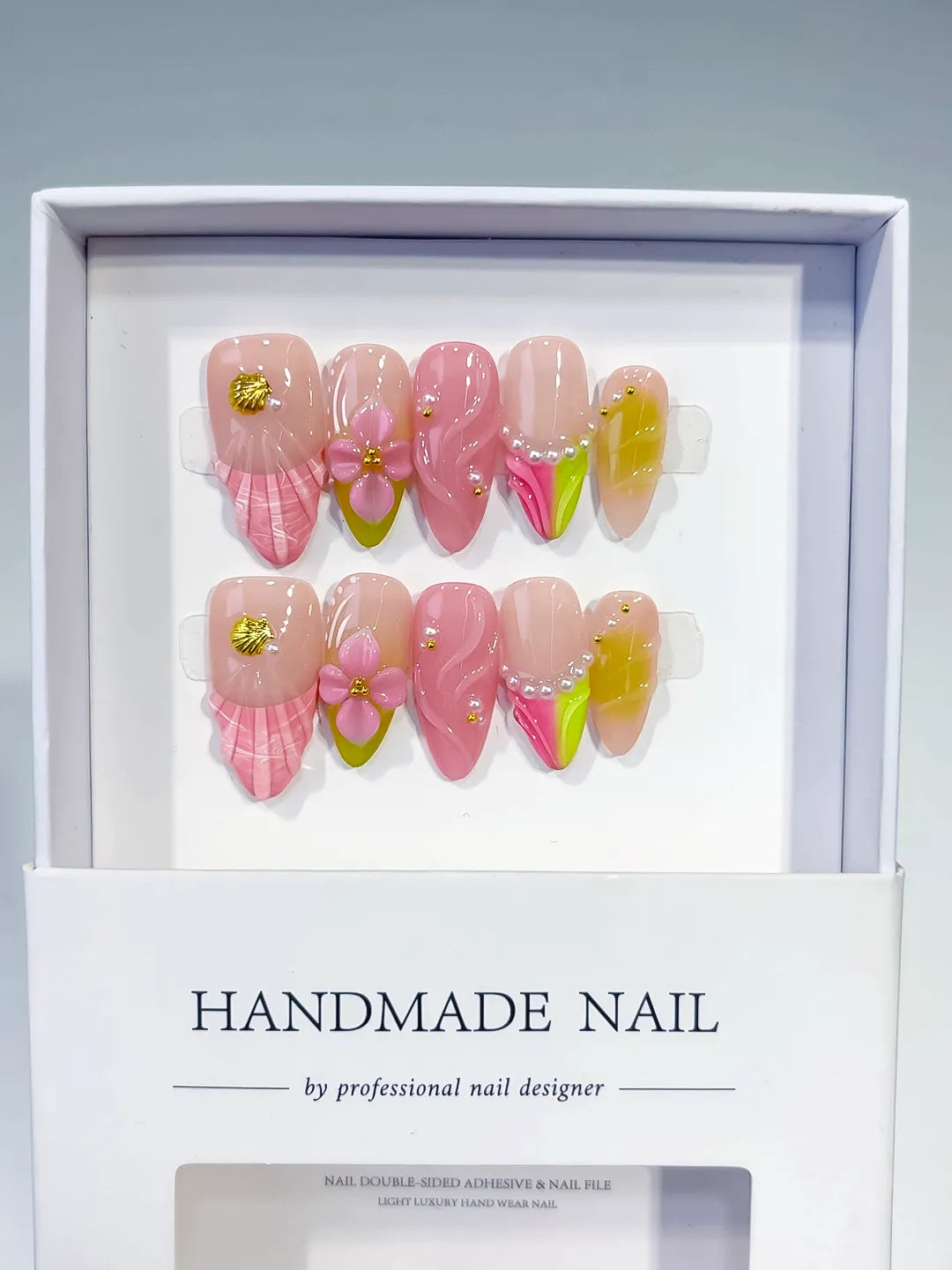 Nude Pink Green Yellow Abstract Flower Shell Pearl press on nails full set view