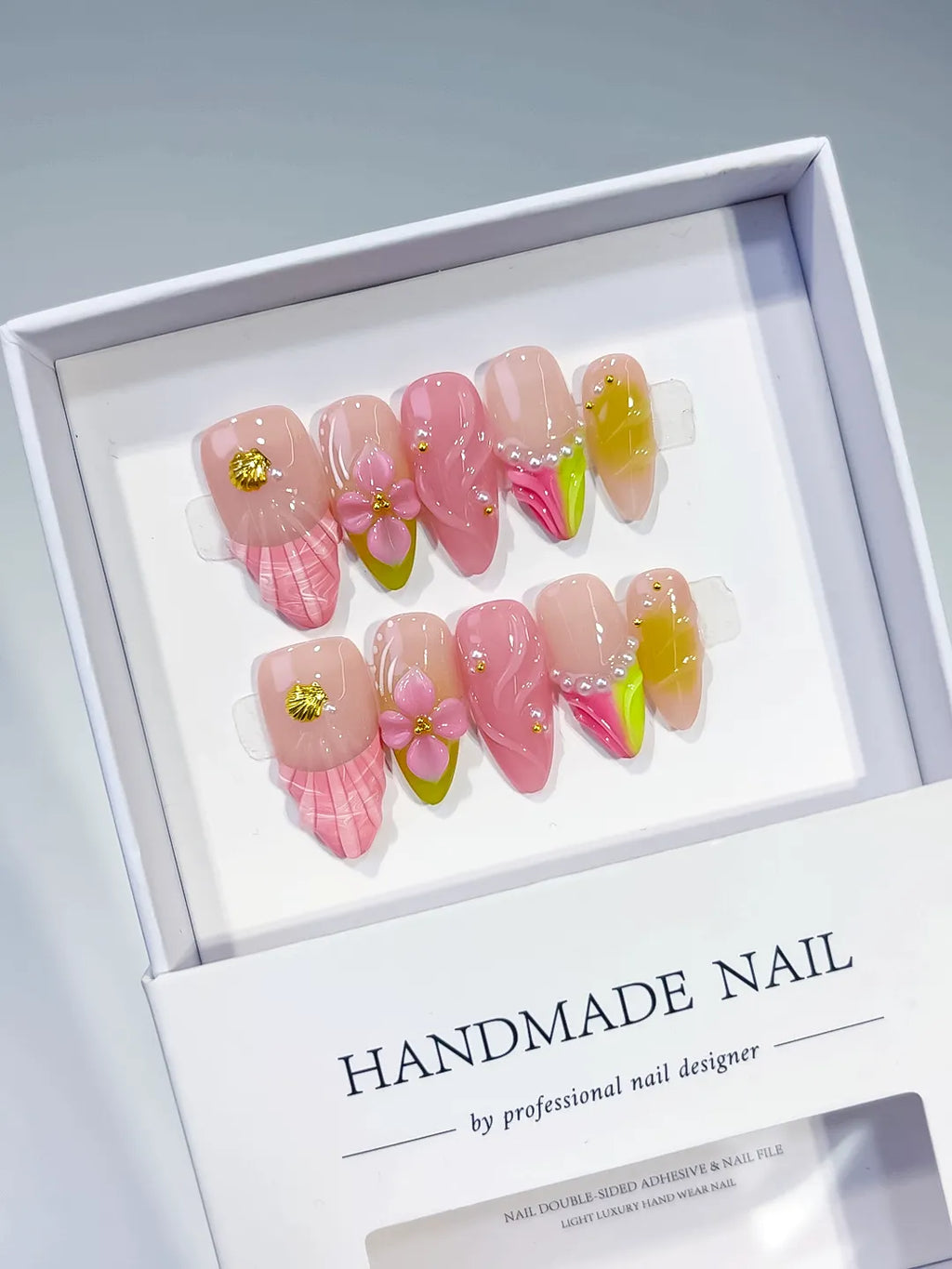 Nude Pink Green Yellow Abstract Flower Shell Pearl press on nails angled view