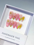Nude Pink Green Yellow Abstract Flower Shell Pearl press on nails