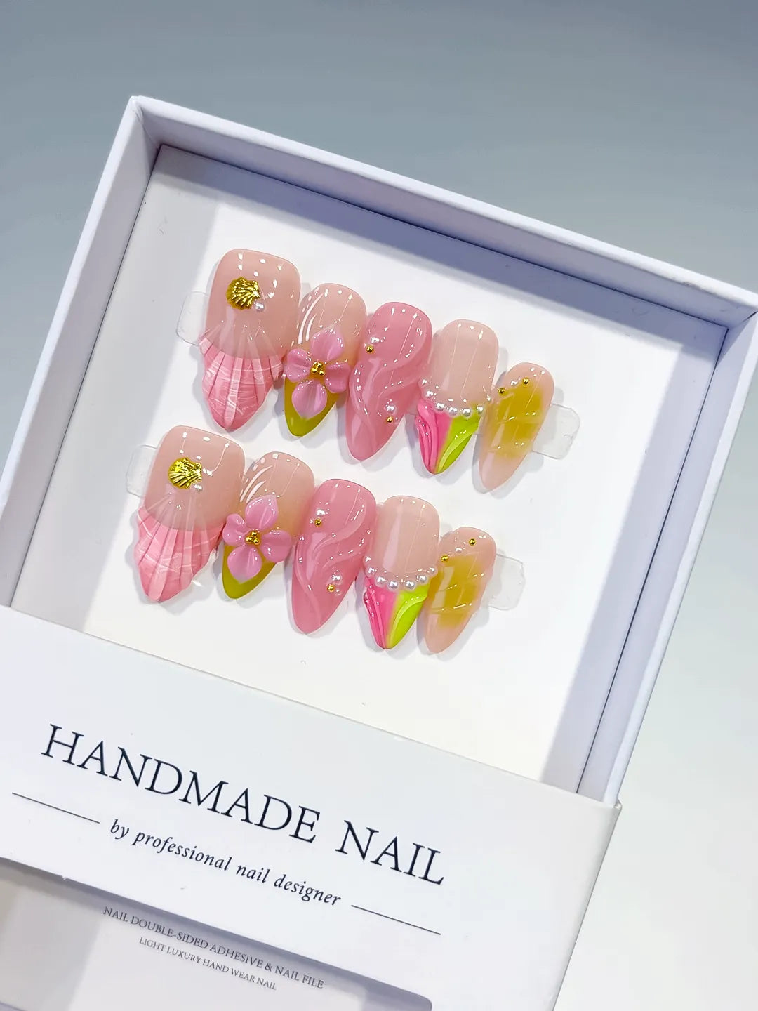 Nude Pink Green Yellow Abstract Flower Shell Pearl press on nails