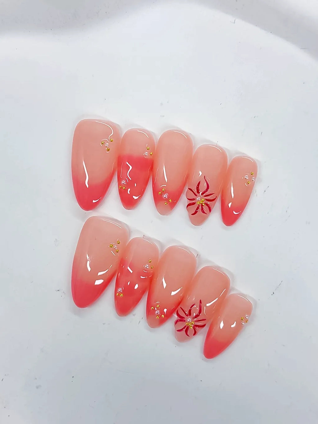 Pink Ombre Flower Stud press on nails close up