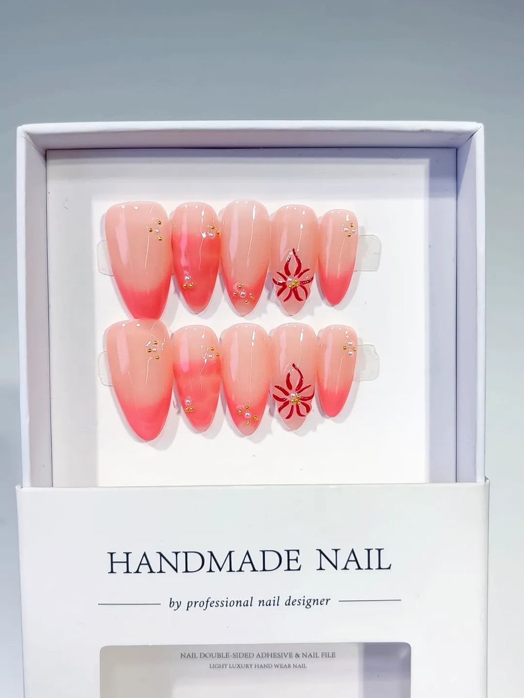 Pink Ombre Flower Stud press on nails full set view