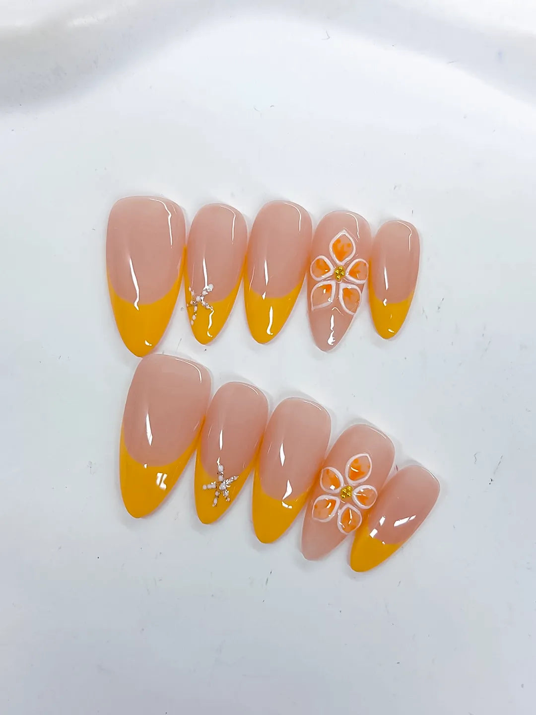 Nude Yellow White French tip Flower Rhinestone press on nails detail view