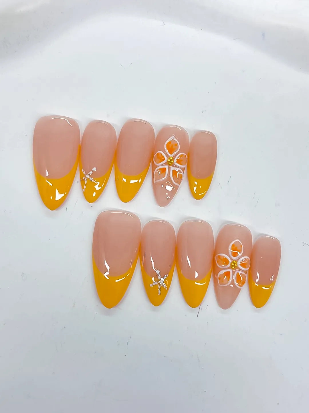 Nude Yellow White French tip Flower Rhinestone press on nails detail view
