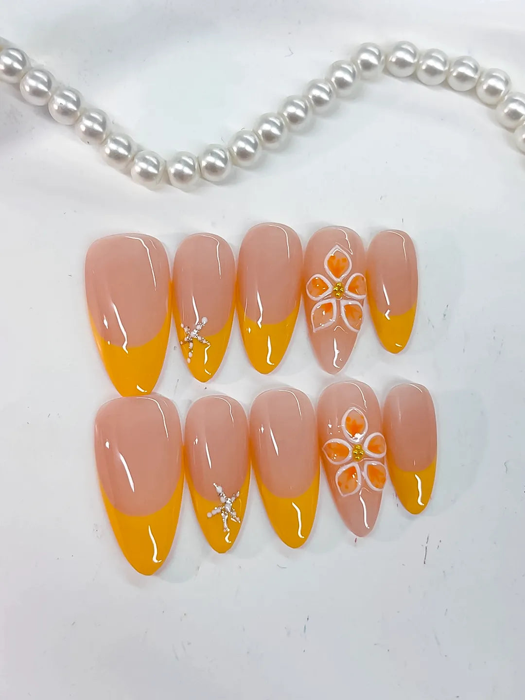 Nude Yellow White French tip Flower Rhinestone press on nails detail view
