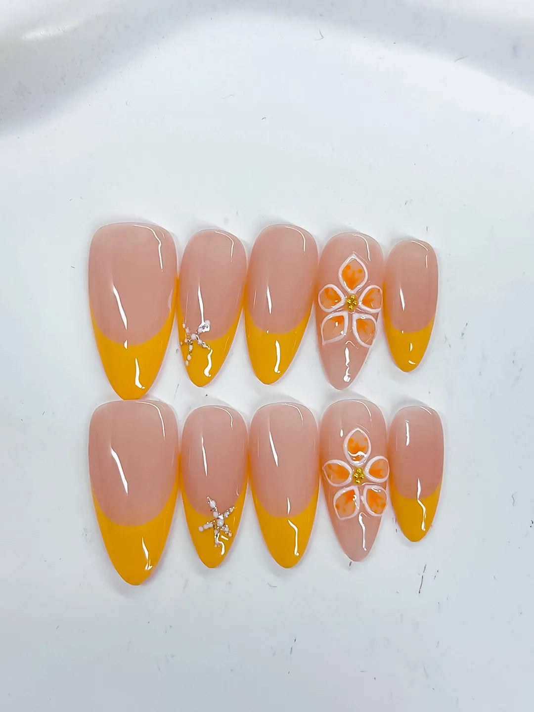 Nude Yellow White French tip Flower Rhinestone press on nails close up